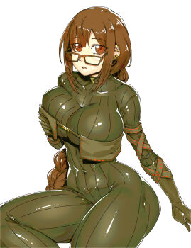 1girl absurdres adapted_costume arm_strap black_bodysuit black_gloves bodysuit braid braided_ponytail breast_curtains breasts brown_eyes brown_hair commentary covered_navel earrings elbow_gloves fate/grand_order fate_(series) glasses gloves highres jewelry large_breasts layered_clothes long_hair long_sleeves looking_at_viewer minew parted_lips ribbed_bodysuit ribbon_trim single_braid solo very_long_hair yu_mei-ren_(fate) yu_mei-ren_(first_ascension)_(fate)