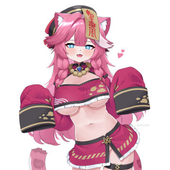 1girl absurdres animal_ears blue_eyes blush braid breasts china_dress chinese_clothes commentary dress english_commentary gevuxx halloween_costume hat highres hololive hololive_english jiangshi jiangshi_costume large_breasts long_hair looking_at_viewer midriff multicolored_hair navel no_panties ofuda ofuda_on_head pink_hair qingdai_guanmao raora_panthera red_skirt red_tank_top simple_background skirt sleeves_past_fingers sleeves_past_wrists smile solo talisman tank_top thigh_strap twin_braids two-tone_hair underboob virtual_youtuber white_background white_hair