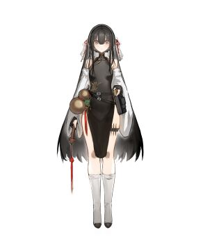 1girl absurdres bare_shoulders black_dress black_gloves black_hair brown_eyes china_dress chinese_clothes closed_mouth detached_sleeves dress earrings fingerless_gloves full_body gloves hair_between_eyes hair_ornament highres holding jewelry legs long_hair long_sleeves looking_at_another lump_saury original simple_background socks solo standing tachi-e thigh_strap very_long_hair white_background white_sleeves white_socks