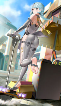 1girl 1other absurdres ahoge anoreika_tomoe aqua_hair ass bangboo_(zenless_zone_zero) bare_shoulders blush bodysuit braid detached_sleeves elbow_gloves eous_(zenless_zone_zero) from_behind gloves green_eyes hair_ornament hairclip highres long_hair looking_at_viewer motor_vehicle open_mouth scooter seed_(zenless_zone_zero) single_braid skin_tight solo toeless_bodysuit zenless_zone_zero