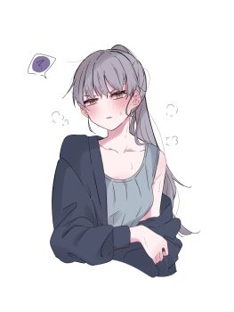 1girl bang_dream! blush collarbone commentary_request grey_hair grey_tank_top highres long_hair minato_yukina parted_lips ponytail rurunekoma simple_background single_off_shoulder solo sweat tank_top white_background yellow_eyes