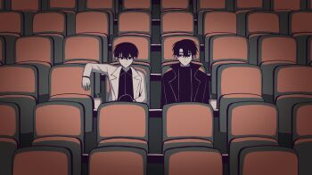 2boys black_coat black_eyes black_hair black_shirt coat collared_shirt cup elbow_rest hashtag-only_commentary highres kim_dokja knee_up len_i00 looking_at_another looking_at_viewer male_focus movie_theater multiple_boys omniscient_reader&#039;s_viewpoint open_clothes open_coat popped_collar shirt short_hair sitting upper_body white_coat yoo_joonghyuk