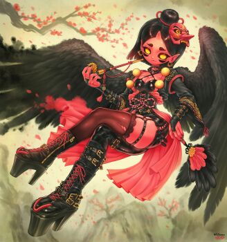 1girl :3 absurdres asymmetrical_clothes black_corset black_hair black_sclera boots breasts bridal_gauntlets colored_sclera colored_skin corset crossed_legs demon_girl earrings feathered_wings fingernails ggwano high_heels highres holding holding_smoking_pipe horns jewelry kiseru looking_at_viewer mask medium_breasts monster_girl no_pupils original platform_boots platform_heels pointy_ears red_skin sharp_fingernails single_horn single_pantsleg single_thighhigh skindentation smoking_pipe tengu tengu_mask thighhighs wings yellow_eyes