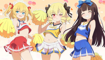 3girls arm_up arms_behind_back black_bow black_hair black_ribbon blonde_hair blue_bow blue_eyes blue_ribbon blue_skirt blunt_bangs blush bow candy cato_(monocatienus) character_name cheering cheerleader cherry chestnut_mouth closed_eyes commentary_request crop_top cropped_legs drill_hair english_text fairy food fruit hair_between_eyes hair_bow hair_ornament headdress heart highres hime_cut holding holding_pom_poms long_hair long_sidelocks luna_child medium_hair midriff miniskirt multiple_girls navel one_eye_closed pleated_skirt pom_pom_(cheerleading) pom_poms quad_drills red_bow red_eyes red_ribbon red_skirt ribbon sidelocks skirt smile star_(symbol) star_sapphire sunny_milk thick_thighs thighs touhou twintails two-tone_skirt very_long_sidelocks white_skirt yellow_skirt
