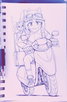 1girl animal_hat art_tools_in_frame ballpoint_pen_(medium) baseball_cap box cat cat_hat cellbus-chan commentary driving goggles goggles_on_headwear hat highres monochrome on_box on_scooter pen_(medium) shirt shoes shorts sitting smile sneakers socks solo steam_(platform) steam_delivery_girl symbol-only_commentary traditional_media v-shaped_eyebrows