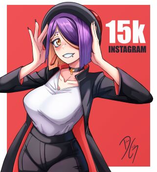 Rule 34 | 1girl, absurdres, black choker, black hat, black jacket, black pants, blush, border, breasts, choker, collarbone, commentary, cowboy shot, cross, cross choker, dilan griz, english commentary, eyebrow piercing, face piercing, hair over one eye, hands up, hat, highres, jacket, large breasts, lip piercing, long sleeves, looking at viewer, multicolored hair, nose piercing, one eye covered, open clothes, open jacket, orange eyes, orange streaks, original, outside border, pants, parted bangs, piercing, purple hair, queen (dilan griz), red background, shirt, short hair, smile, solo, streaked hair, white border, white shirt