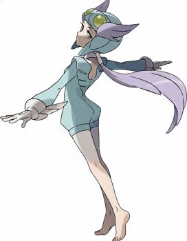 1girl ai-assisted bare_legs barefoot feet gloves goggles goggles_on_head gym_leader helmet nintendo official_art pokemon pokemon_oras ponytail purple_hair self-upload simple_background soles sugimori_ken third-party_edit toes white_background winona_(pokemon)