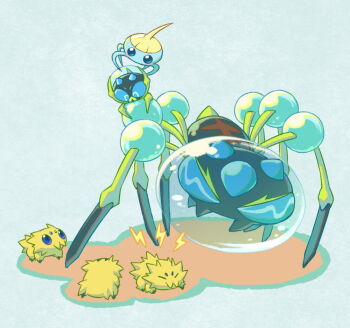 :o animal_focus araquanid blue_background blue_eyes blush blush_stickers bubble bug closed_eyes dewpider electricity evolutionary_line extra_eyes fuifui gen_3_pokemon gen_5_pokemon gen_7_pokemon joltik lightning_bolt_symbol nintendo no_humans on_head open_mouth pokemon pokemon_(creature) pokemon_focus pokemon_on_head simple_background surskit