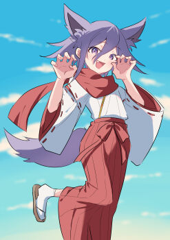 1boy absurdres alternate_costume animal_ears blue_sky blush bs_(twst_with) claw_pose commentary_request danganronpa_(series) danganronpa_v3:_killing_harmony fang flipped_hair hair_between_eyes happy highres japanese_clothes long_sleeves looking_at_viewer male_focus medium_hair miko new_year oma_kokichi outdoors partial_commentary red_scarf sandals scarf sky smile standing standing_on_one_leg tail trap wide_sleeves wolf_boy wolf_ears wolf_tail
