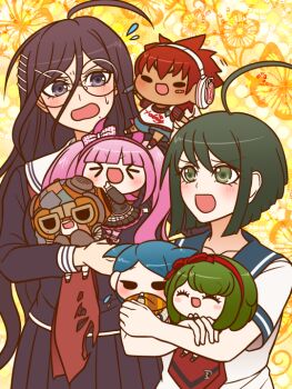 >_< 3boys 4girls ^_^ ahoge bandaid bandaid_on_cheek bandaid_on_face bandaid_on_knee bandaid_on_leg black-framed_eyewear black_dress black_eyes black_footwear black_jacket black_shirt black_skirt black_socks blazer blue_hair blue_sailor_collar blue_shorts blunt_ends blush blush_stickers bob_cut boots bow breasts chibi chibi_on_shoulder closed_eyes collarbone commentary_request covered_mouth covering_own_mouth cowboy_shot crossed_arms daimon_masaru_(danganronpa) danganronpa_(series) danganronpa_another_episode:_ultra_despair_girls dark-skinned_male dark_skin dress eyelashes fake_horns floral_background flying_sweatdrops footwear_bow frilled_shirt frilled_skirt frills fukawa_toko furrowed_brow glasses green_eyes green_hair hair_bow hair_ears hair_ornament hairband hairclip headphones height_difference holding_chibi horn_bow horn_hairband horn_ornament horns jacket kemuri_jataro kneehighs large_breasts light_blush long_hair long_sleeves mask messy_hair miniskirt mole mole_under_mouth motion_lines multiple_boys multiple_girls naegi_komaru neckerchief necktie nervous_smile open_mouth orange_scarf pale_skin pantyhose patchwork_clothes pink_hair pink_hairband pink_horns pink_pantyhose plaid_clothes plaid_jacket pleated_skirt polka_dot polka_dot_background polka_dot_bow purple_hair purple_serafuku purple_shirt purple_skirt red_bow red_hair red_hairband red_neckerchief red_necktie red_shirt round_eyewear sailor_collar scarf school_uniform serafuku shingetsu_nagisa shirt shoes short_hair short_sleeves shorts simple_background skirt skirt_set smile socks solid_oval_eyes spiked_hair striped_clothes striped_pantyhose striped_scarf striped_shirt sweatdrop t-shirt torn_clothes torn_neckerchief towa_monaca twintails two-tone_pantyhose two-tone_shirt upper_body utsugi_kotoko vertical-striped_clothes vertical-striped_shirt very_long_hair vest white_bow white_footwear white_jacket white_pantyhose white_sailor_collar white_shirt white_vest yellow_background yumaru_(marumarumaru)