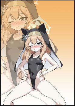 1girl animal_ear_headwear animal_ears bare_shoulders black_leotard blue_archive blue_eyes blush border breasts closed_mouth coif collarbone commentary_request covered_navel fake_animal_ears flower gluteal_fold gradient_background grey_eyes groin haigure_pose hair_flower hair_ornament halo hands_on_own_hips hat highleg highleg_leotard highres leotard long_hair mari_(blue_archive) nose_blush nun one_eye_closed orange_background orange_hair sintro_(sintro8190) small_breasts solo spread_legs swimsuit white_flower yellow_halo zoom_layer