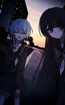 2girls :d black_hair black_sailor_collar black_serafuku black_shirt black_skirt chinese_commentary closed_eyes closed_mouth commentary_request dark evening fang highres long_hair long_sleeves looking_at_viewer mahou_shoujo_no_majo_saiban multiple_girls neckerchief nikaido_hiro open_mouth outdoors pleated_skirt red_eyes sailor_collar sakuraba_ema school_uniform serafuku shirt short_hair skirt sky smile standing v white_neckerchief zetsuhika