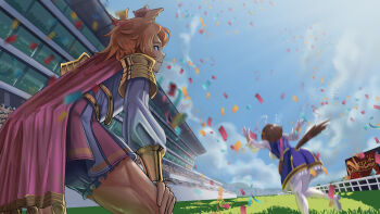 absurdres ahoge animal_ears armor bag bent_over blue_dress blue_sky breasts brown_hair cape cloud commentary_request confetti crown dress ear_ornament gloves hair_between_eyes hands_on_own_knees highres horse_ears horse_girl horse_tail large_breasts leaning_forward lili_(egas4455) long_sleeves medium_hair meisho_doto_(turbulent_blue)_(umamusume) meisho_doto_(umamusume) mini_crown multicolored_hair multiple_girls orange_hair orange_tail outdoors pantyhose pink_cape pink_crown purple_eyes shirt short_hair shoulder_armor shoulder_bag skirt sky smile sweat t.m._opera_o_(o_sole_suo!)_(umamusume) t.m._opera_o_(umamusume) tail takarazuka_kinen two-tone_hair two-tone_skirt umamusume white_dress white_gloves white_hair white_pantyhose white_shirt