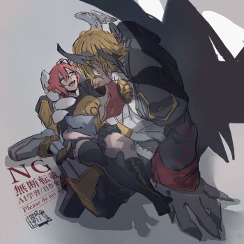 1boy 1girl aiba_ami angel asymmetrical_wings black_shirt black_skirt black_wings blonde_hair blue_eyes breasts carrying carrying_person commentary_request demon_boy demon_wings digimon digimon_story:_cyber_sleuth feathered_wings head_wings highres lucemon_falldown_mode open_mouth pleated_skirt red_hair shirt short_hair side_ponytail skirt tsumemon two-tone_shirt usamimi_(fantasyyyyys) white_wings wings yellow_shirt