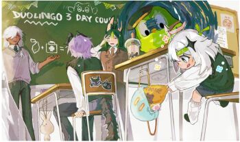 1girl 3boys animal_ear_fluff animal_ears bird black_gloves black_hair closed_mouth cyno_(duolingo)_(genshin_impact) cyno_(genshin_impact) dragon_boy dragon_horns duo_(duolingo) duolingo eon_/_ieon fox_boy fox_ears fox_tail genshin_impact gloves green_eyes green_hair horns multiple_boys paimon_(duolingo)_(genshin_impact) purple_hair tail tighnari_(duolingo)_(genshin_impact) tighnari_(genshin_impact) white_hair