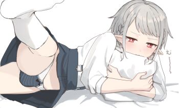1boy blush braid bright_pupils bulge closed_mouth clothes_pull commentary crossdressing crossdressing_(mtf) dot_nose elf_boy_(sunaba_(nczd5875)) foot_out_of_frame grey_hair grey_panties grey_skirt hugging_object leg_up long_sleeves looking_at_viewer lying male_focus medium_hair on_side original panties pillow pillow_hug pointy_ears red_eyes shirt side_braids sidelocks skirt skirt_pull socks solo spread_legs striped_clothes striped_panties sunaba_(nczd5875) suspender_skirt suspenders thighs translation_request trap underwear white_background white_pupils white_shirt white_socks
