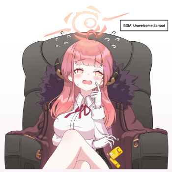 1girl :o @_@ aru_(blue_archive) averting_eyes black_footwear black_jacket black_skirt blouse blue_archive blush breasts brown_jacket card chair chibi coat coat_on_shoulders credit_card crossed_legs demon_girl demon_horns dot_nose embarrassed finger_to_own_chin floating_card flying_sweatdrops gloves halo hancho hand_on_own_face hand_up high_heels highres holding horns id_card jacket large_breasts legs letterboxed long_coat long_hair long_sleeves on_chair open_mouth orange_eyes paper pink_eyes pink_hair red_eyes red_hair red_ribbon ribbon shirt simple_background sitting skirt slit smile smirk solo sweat sweatdrop thighs toe_cleavage wallet white_gloves white_shirt