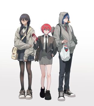 1boy 2girls absurdres alternate_costume alternate_hairstyle amate_yuzuriha aqua_eyes bag black_bow black_bowtie black_hair black_jacket black_necktie black_pants black_pantyhose black_shoes black_vest blazer blue_hair bow bowtie braid cardigan character_pin collared_shirt conch_(gundam) dark-skinned_female dark_skin eating grey_cardigan grey_hoodie grocery_bag gundam gundam_gquuuuuux hand_in_pocket haro highres holding holding_bag holding_own_arm holding_phone hood hood_up hoodie jacket knit_cardigan long_sleeves mouth_hold multicolored_eyes multicolored_hair multiple_girls necktie nyaan_(gundam_gquuuuuux) otakulifewow pants pantyhose pencil_skirt phone pleated_skirt red_eyes red_hair red_necktie school_uniform shirt shoes shopping_bag short_hair shoulder_bag shuji_ito skirt smartphone_case sneakers twin_braids two-tone_eyes two-tone_hair vest white_shirt yellow_eyes