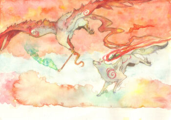 Rule 34 | amaterasu (ookami), animal, animal focus, bird, fire, flying, looking at another, moegami, mouth hold, no humans, ookami (game), painting (medium), saburou (carocu), traditional media, watercolor (medium), weapon, wolf