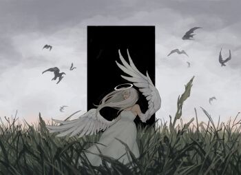 1girl angel angel_wings arm_up bare_shoulders bird blunt_bangs cloud cloudy_sky crow dress feathered_wings feathers feet_out_of_frame field floating_hair flock grass grey_sky hair_over_one_eye halo head_tilt highres horizon huyu_pm04 leaning_back long_dress long_hair looking_at_viewer nature on_grass original outdoors overcast scenery sky solo spaghetti_strap standing twilight white_eyes white_hair white_wings wide_shot wind winged_arms wings