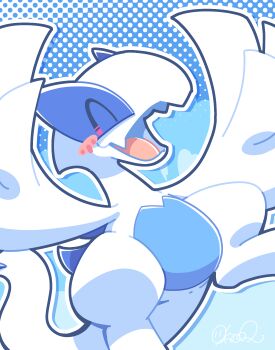 Rule 34 | ^ ^, animal focus, arms up, artist name, blue background, blush, blush stickers, chibi, chibi only, closed eyes, fang, gen 2 pokemon, happy, legendary pokemon, lugia, nettsuu, nintendo, no humans, open mouth, outline, pokemon, pokemon (creature), signature, skin fang, smile, solo, white outline