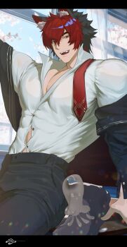 Rule 34 | 1boy, animal ears, black jacket, button gap, commentary, dog boy, dog ears, dog tail, highres, jacket, komano manato, large pectorals, male focus, multicolored hair, muscular, muscular male, necktie, pectoral cleavage, pectorals, rai11iy, shirt, symbol-only commentary, tail, undone necktie, white shirt, zenless zone zero