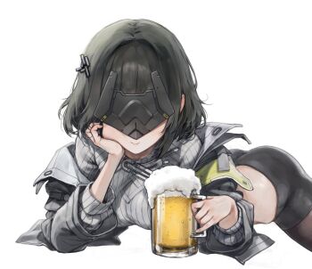 Rule 34 | 1girl, alcohol, arknights, arknights: endfield, beer, beer mug, black hair, black jacket, closed mouth, commentary, cup, drink, endministrator (arknights), english commentary, female endministrator (arknights), grey sweater, hand on own cheek, hand on own face, highres, holding, holding drink, jacket, long sleeves, lying, meme, moohyungking, mug, on stomach, overflowing, ribbed sweater, short hair, simple background, smile, solo, sweater, white background