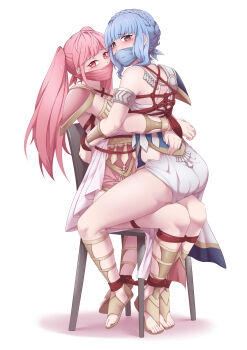 2girls absurdres adzuqi armband armor arms_behind_back bare_shoulders bdsm blush bondage bound bound_arms bound_legs bound_together bound_torso braid chair chair_bondage cloth_gag collar commission crown_braid dress embarrassed female_focus fire_emblem fire_emblem:_three_houses full_body gag gagged hair_bun highres hilda_valentine_goneril improvised_gag long_hair looking_ahead looking_at_viewer looking_back looking_to_the_side marianne_von_edmund marianne_von_edmund_(serene_adherent) marianne_von_edmund_(timeskip) multiple_girls nintendo pink_dress sandals short_hair short_hair_with_long_locks shoulder_armor sidelocks simple_background sitting sitting_on_lap sitting_on_person skin_tight skindentation straddling swept_bangs toes twintails white_background white_dress