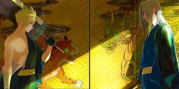 2boys 3wa_tari alternate_costume aqua_eyes bandaged_arm bandages black_kimono blonde_hair blue_kimono buster_sword closed_mouth cloud_strife dragon final_fantasy final_fantasy_vii grey_hair japanese_clothes kimono long_hair looking_at_another male_focus masamune_(ff7) multiple_boys over_shoulder parted_bangs sephiroth short_hair single_bare_shoulder spiked_hair sword sword_over_shoulder tiger upper_body weapon weapon_over_shoulder