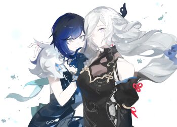 2girls absurdres alternate_costume baiyuqing434 bare_shoulders black_dress black_gloves blue_dress blue_hair breasts china_dress chinese_clothes chinese_commentary cleavage closed_mouth couple covered_collarbone covering_own_mouth detached_collar detached_sleeves dress floating_hair friends fur_trim genshin_impact gloves green_eyes grey_hair hair_floating_upwards hair_ornament hand_over_own_mouth head_tilt heads_together highres index_finger_raised large_breasts leaning_on_person leaning_to_the_side long_hair long_sleeves looking_at_viewer looking_to_the_side multiple_girls puffy_long_sleeves puffy_sleeves shenhe_(frostflower_dew)_(genshin_impact) shenhe_(genshin_impact) short_hair standing swept_bangs upper_body white_background white_fur yelan_(genshin_impact) yelan_(tranquil_banquet)_(genshin_impact) yuri