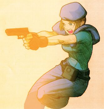 Rule 34 | 1girl, aiming, angry, armor, belt, bengus, beret, black belt, black boots, black gloves, blue eyes, blue pants, blue shirt, boots, bracer, breasts, brown hair, buckle, capcom, combat boots, emblem, facing to the side, fingerless gloves, full body, game cg, gloves, gun, handgun, hat, highres, holding, holding gun, holding weapon, jill valentine, leg up, loose belt, marvel vs. capcom, marvel vs. capcom 2, medium breasts, multiple belts, non-web source, official art, open mouth, pants, parted lips, police, police uniform, policewoman, pouch, resident evil, resident evil 1, scan, shirt, short hair, short sleeves, shoulder pads, sidelighting, simple background, solo, standing, star (symbol), sweatdrop, teeth, traditional media, weapon