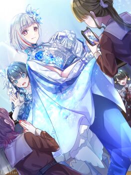 5girls :d blue_cape blue_eyes blue_hair blue_skirt blush bob_cut brown_dress brown_hair cape commentary_request dress flipped_hair flower gloves grey_hair hair_flower hair_ornament highres inverted_bob light_smile link!_like!_love_live! long_hair long_skirt long_sleeves looking_at_viewer love_live! medium_hair multicolored_hair multiple_girls murano_sayaka murano_sayaka_(eisprinzessin) neckerchief open_hand open_mouth pink_eyes ponytail red_hair red_neckerchief sailor_collar sailor_dress sakari_(pear_8_ll) shirt skirt smile sparkle split_mouth streaked_hair sweatdrop virtual_youtuber white_flower white_gloves white_sailor_collar white_shirt winter_uniform yugiri_tsuzuri yugiri_tsuzuri_(eisritter)