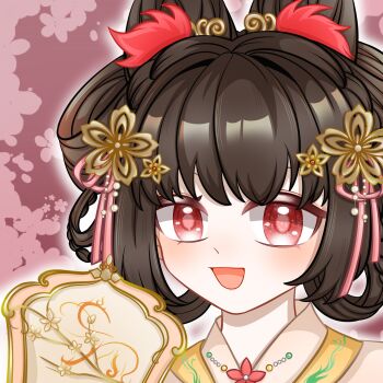 Rule 34 | 1girl, absurdres, beads, bow-shaped hair, brown hair, cherry blossoms, chinese clothes, chinese commentary, colored eyelashes, commentary request, double bun, feather hair ornament, feathers, floral background, flower, gossamer moonfairy (infinity nikki), hair beads, hair bun, hair flower, hair ornament, hair ribbon, hair rings, hand fan, hanfu, happy, highres, holding, holding fan, infinity nikki, jiaxue163, light blush, nikki (series), open mouth, outline, pink background, pink eyes, pink ribbon, ribbon, short hair, smile, solo, tuanshan, updo, upper body, white hanfu, white outline