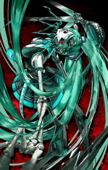 absurdly_long_hair android aqua_hair aqua_necktie aqua_trim arched_back black_sclera black_shirt black_skirt breasts ca_(maeda_koutarou) calne_ca_(deino) colored_sclera colored_skin cosplay dg3fd floating_hair from_behind hatsune_miku hatsune_miku_(cosplay) head_tilt highres horror_(theme) insect_on_head isopod long_hair looking_at_viewer mandibles mechanical_arms mechanical_legs medium_breasts mismatched_sclera nato-kun necktie pleated_skirt reaching reaching_towards_viewer red_background red_eyes saikin_osen_-_bacterial_contamination_-_(vocaloid) shirt skeletal_arm skirt sleeveless sleeveless_shirt twintails very_long_hair vocaloid white_skin