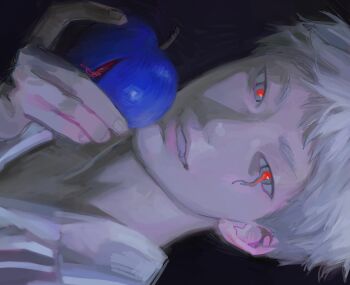 Rule 34 | 1boy, 6 teh, blue apple, collared shirt, food, fruit, highres, hikaru ga shinda natsu, holding, holding food, holding fruit, indou hikaru, lips, looking at viewer, male focus, melting eyes, nose, red pupils, shirt, short eyebrows, short hair, solo, teeth, white hair, white shirt