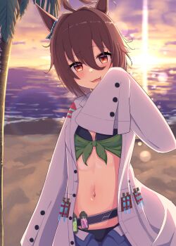 1girl agnes_tachyon_(lunatic_lab)_(umamusume) agnes_tachyon_(tach-nology)_(umamusume) agnes_tachyon_(umamusume) ahoge alternate_eye_color animal_ears bare_shoulders bikini black_bikini black_gloves blush border breasts brown_eyes brown_hair cleavage coat commentary_request criss-cross_halter denim denim_shorts flask gloves green_jacket hair_between_eyes halterneck highres horse_ears horse_girl horse_tail jacket lab_coat long_sleeves looking_at_viewer medium_breasts messy_hair navel official_alternate_costume official_alternate_hairstyle open_fly open_mouth ponytail round-bottom_flask short_hair short_ponytail shorts single_bare_shoulder smile snowpict solo sunset swimsuit tail test_tube textless_version umamusume undressing white_border white_coat