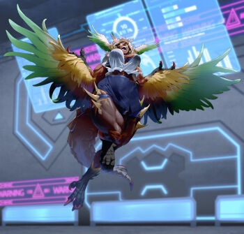 absurdres au_ra breasts character_transformation cleavage dark-skinned_female dark_skin feathered_wings final_fantasy final_fantasy_xiv full_body harpy head_wings highres monster_girl muscular muscular_female original qtime_702 short_hair solo tail thick_thighs thighs torn_clothes transformation wings