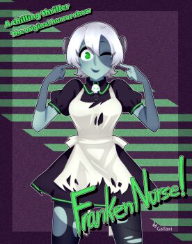 1girl apron artist_name black_dress black_pantyhose breasts closed_mouth colored_skin dress english_text gallaxi green_eyes green_hair green_lips green_trim grey_skin highres large_breasts looking_at_viewer multicolored_skin object_through_head one_eye_closed original outline pantyhose pointing pointing_at_self puffy_short_sleeves puffy_sleeves purple_background screw_in_head short_hair short_sleeves smile solo stitched_face stitches straight-on symbol-shaped_pupils torn_clothes torn_pantyhose white_apron white_hair white_outline x-shaped_pupils