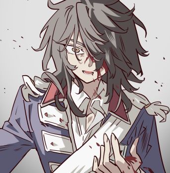 1boy andre_grandier black_hair bleeding blood blood_on_face blood_on_hands blue_jacket collared_shirt constricted_pupils grey_background hair_over_one_eye hand_up highres jacket long_hair long_sleeves looking_at_viewer male_focus meremero open_mouth sash shirt smile solo upper_body versailles_no_bara white_shirt