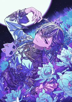 1boy absurdres analogous_colors animal animal_on_chest animal_on_head bead_necklace beads blue_flower blue_jacket braid commentary_request cross cross_necklace crossed_bangs cummerbund diamond_earrings ear_chain earrings epiphyllum field flower flower_field flower_tattoo full_moon hair_between_eyes half_up_braid half_updo hand_up highres holding holding_scissors jacket jewelry lace_shirt light_particles linked_piercing long_sleeves looking_at_viewer lying male_focus mandarin_collar miuru_(utaite) moon neck_tattoo necklace night on_back on_head outdoors parted_lips patterned_clothing piercing ponytail purple_eyes purple_hair rosary scissors short_ponytail shoulder_boards sideways_glance sky smile solo star_(sky) starry_sky stpr_boys_project stud_earrings tattoo upper_body yudeazu_king