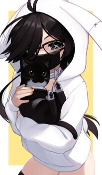 1girl animal black-framed_eyewear black_eyes black_hair borrowed_character broken_eyewear cat commentary cowboy_shot crack cracked_glass english_commentary glasses hair_over_one_eye highres holding holding_animal holding_cat hood hood_up hoodie long_hair long_sleeves looking_at_viewer mask mouth_mask nail_polish neck_ribbon no_pants original ribbon solo swept_bangs symbol-shaped_pupils uni_(unexistarts) white_hoodie white_ribbon x-shaped_pupils yellow_nails yoako