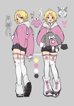 1other 2n5 :3 absurdres androgynous animal_hood blonde_hair blush color_guide commentary fur-trimmed_hoodie fur_trim garter_straps grey_background hair_ornament hairclip highres hood hoodie lace_trim original pleated_shorts rabbit_hood reference_sheet shoes short_hair skirt smile sneakers stuffed_animal stuffed_rabbit stuffed_toy