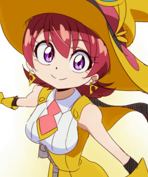 1girl cape commentary_request dress earrings feylin hat jewelry oimanji purple_eyes red_hair shirt short_hair smile solo tanken_driland:1000-nen_no_mahou triangle_earrings upper_body white_shirt witch_hat yellow_dress yellow_hat zipper
