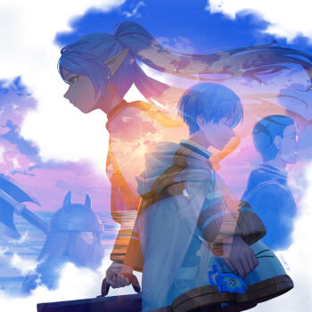 1girl 3boys bag beard black_hair blue_flower blue_hair blue_sky brown_hair capelet cloak closed_eyes double_exposure dwarf earrings eisen_(sousou_no_frieren) elf facial_hair fake_horns flower frieren glasses green_eyes grey_cloak hair_slicked_back heiter helmet highres himmel_(sousou_no_frieren) holding holding_bag holding_suitcase horned_helmet horns jewelry long_beard multiple_boys nemophila_(flower) pointy_ears profile sky smile sousou_no_frieren suitcase sunset teardrop_earrings tim_yrt twintails white_capelet white_cloak