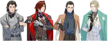 4boys absurdres angeal_hewley bindi black_gloves black_hair black_neckerchief black_pantyhose blonde_hair blue_eyes blue_sweater brown_coat brown_hair coat coat_on_shoulders collared_shirt crisis_core:_final_fantasy_vii earrings final_fantasy final_fantasy_vii final_fantasy_vii_remake genesis_rhapsodos gloves green_coat grey_gloves grey_jacket grey_shirt grid_print hair_over_one_eye hair_slicked_back highres jacket jewelry male_focus medium_hair multiple_boys neckerchief pantyhose parted_bangs parted_lips print_jacket red_eyes rufus_shinra shirt sidelocks sweater tseng turtleneck turtleneck_sweater upper_body vendobear white_background white_jacket