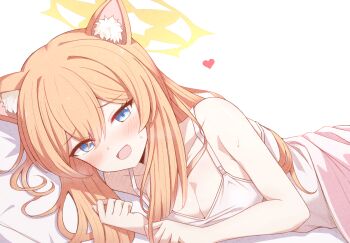 1girl animal_ear_fluff animal_ears bare_shoulders blue_archive blue_eyes blush breasts camisole cat_ears cleavage collarbone hair_between_eyes halo heart highres karikura_(atatata71) long_hair looking_at_viewer lying mari_(blue_archive) on_side open_mouth orange_hair pillow raised_inner_eyebrows simple_background small_sweatdrop solo upper_body white_background white_camisole yellow_halo