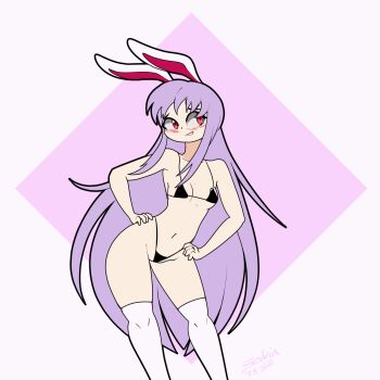1girl animated animated_gif bikini black_bikini blush bouncing_breasts breasts female_focus highres long_hair looking_at_viewer purple_hair rabbit_ears rabbit_girl red_eyes reisen_udongein_inaba small_breasts solo standing swimsuit thighhighs thong touhou white_thighhighs zedrin