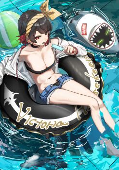 1girl absurdres ball beachball black_choker black_hair black_panties black_tube_top blue_shorts breasts choker colored_inner_hair dondobi ellen_joe fins fish_tail food from_above highres holding holding_food holding_popsicle innertube jacket large_breasts looking_at_viewer mole mole_under_eye multicolored_hair on_innertube on_water open_clothes open_fly open_jacket open_mouth panties popsicle red_eyes red_hair shark_girl shark_tail sharkboo_(zenless_zone_zero) short_hair short_shorts shorts solo strapless swim_ring tail tube_top underwear water white_jacket zenless_zone_zero