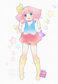 1girl blue_shirt commentary_request finger_to_cheek green_eyes highres jewelry kneehighs loli mahou_no_princess_minky_momo miniskirt minky_momo no_shoes open_mouth panties panty_peek pendant pink_hair pink_skirt ribbon shirt short_hair skirt smile socks solo thighs underwear white_panties white_shirt yamaneko_suzume yellow_ribbon yellow_socks