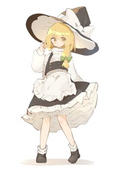 Rule 34 | 1girl, apron, black hat, black skirt, blonde hair, bow, commentary, edamanecha, frilled apron, frilled skirt, frills, green bow, hair bow, hat, hat bow, highres, kirisame marisa, layered skirt, looking at viewer, simple background, skirt, skirt hold, socks, solo, standing, touhou, white apron, white background, white bow, white socks, witch hat, yellow eyes
